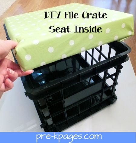 DIY File Crate Seats (with storage) using vinyl to avoid any Pre-K "accidents" from seeping into the foam! Milk Crate Seats, Crate Stools, Crate Seats, Pre K Pages, Filing Papers, Classroom Seating, Class Organization, Milk Crate, History Teacher