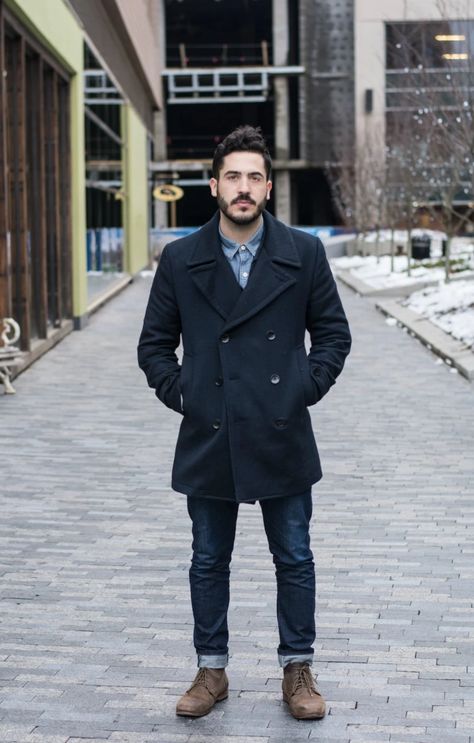 Mens Black Peacoat Outfit, Double Breasted Coat Outfit, Black Peacoat Outfit, Navy Blue Coat Outfit, Blue Coat Outfit, Peacoat Outfit, Blue Winter Coat, Mens Fashion Coat, Black Peacoat