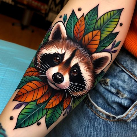 Discover adorable raccoon tattoo designs perfect for animal lovers. #RaccoonTattoo #AnimalTattoo #TattooDesign #Inspiration #TattooArt American Traditional Raccoon, Raccoon Flower Tattoo, Traditional Fox Tattoo, Raccoon Face Tattoo, Traditional Raccoon Tattoo, Neotraditional Raccoon Tattoo, Raccoon Tattoo, Cat Tattoo Designs, Fox Tattoo