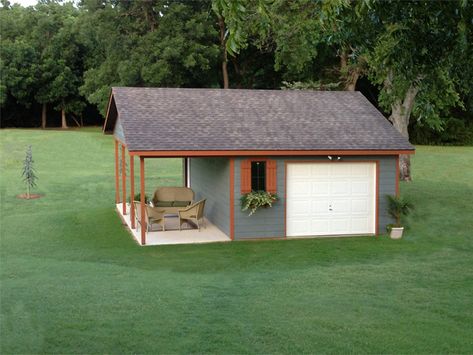 Aker Hill Covered Porch Garage One-car garage has side covered porch for storage or other items from houseplansandmore.com Garage With Side Patio, Garage With Covered Porch, Shed Covered Porch, Shed With Covered Porch, Shed With Covered Patio, Backyard Garage And Patio, Garage With Covered Patio, Garage With Porch, Construction Garage