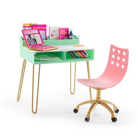 Write On! Desk Set for 18-inch Dolls | American Girl® American Girl Doll Furniture, American Girl Doll Accessories, Doll Carrier, Princess Toys, Planner Notebook, Doll Set, Plastic Chair, Hairpin Legs, Pink Plastic