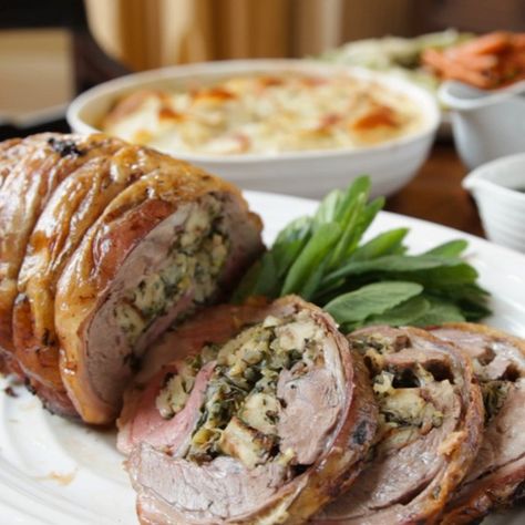 An indulgent lemon and herb stuffed shoulder of lamb with fresh mint sauce and lamb jus Shoulder Of Lamb Recipes, Hairy Bikers Recipes, Stuffed Lamb, Herb Stuffing, Mint Sauce, Bbc Food, Low Fodmap Recipes, Fodmap Recipes, Sunday Roast