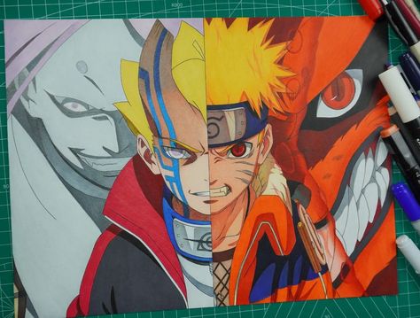 Naruto And Boruto Drawing, Cool Anime Drawings With Color, Anime Color Drawing, Colored Anime Drawings, Anime Drawing With Color, Anime Sketch Colored, Naruto Drawings Color, Naruto Transformation, Boruto X Naruto