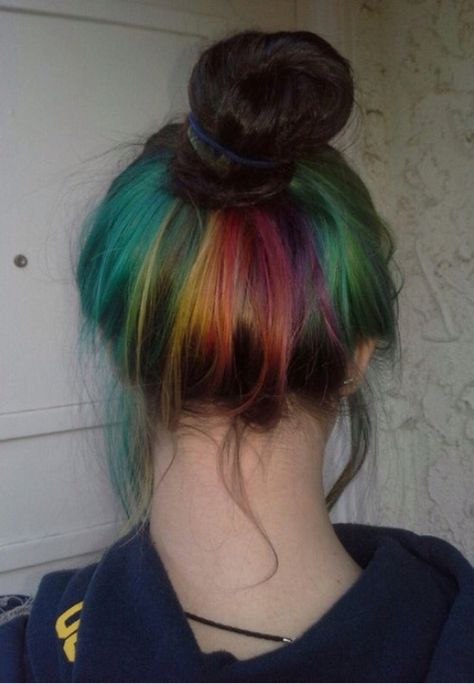 Super cute rainbow hair under layer dyed Cute Dyed Hair, Hidden Rainbow Hair, Hair Dyed Underneath, Hidden Hair Color, Underlights Hair, Rainbow Hair Color, Hair Dyes, Hair Cute, Multicolored Hair