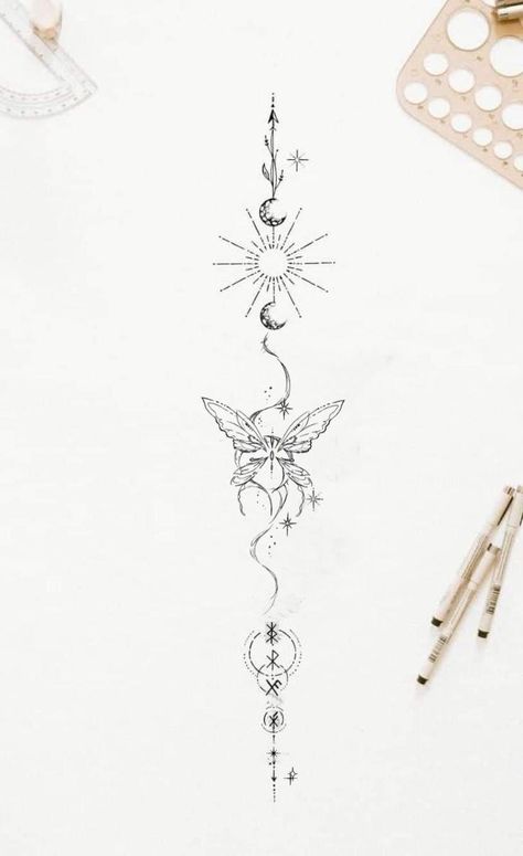 Crystal Spine Tattoo, Lower Back And Spine Tattoos, Witchy Spine Tattoos For Women, Dark Feminine Spine Tattoos, Ethereal Spine Tattoos, Whimsical Spine Tattoo, Spine Tattoos With Butterflies, Spine Tattoos For Women Cybersigilism, Earthy Back Tattoos