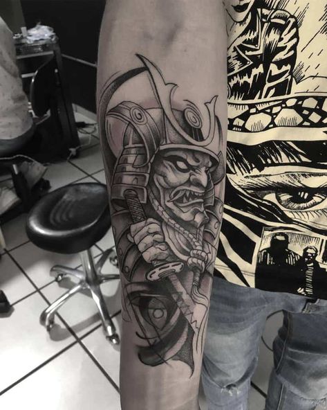 Ronin Arm Tattoo Sa.danny Art Ronin Mask Tattoo, Kabuto Tattoo, Ronin Tattoo, Samurai Tattoo Sleeve, Koi Tattoo Sleeve, Oni Tattoo, Ronin Samurai, Brush Tattoo, Samurai Tattoo Design