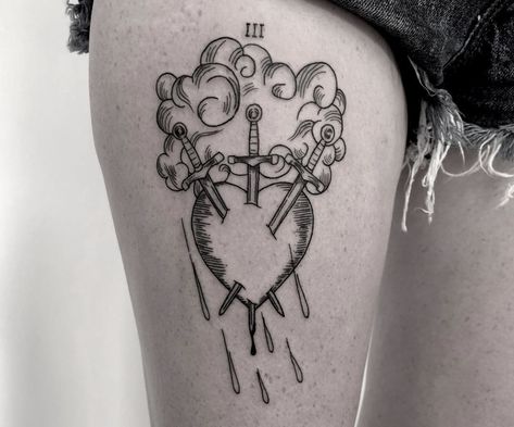 Heart Dagger Tattoo, Swords Tattoo, Tarot Tattoo, Tarot Card Tattoo, Tatoo Inspiration, Knife Tattoo, Tattoo Heart, Feather Pen, Dagger Tattoo