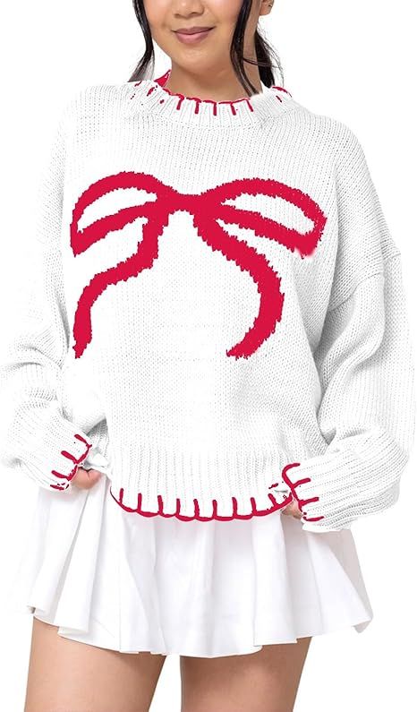 Ribbon Sweater, Bow Sweater, Christmas Outfits, Long Sleeve Knit Sweaters, Red Bow, Girls Fashion, White Sweaters, Light Weight Sweater, Red Sweaters