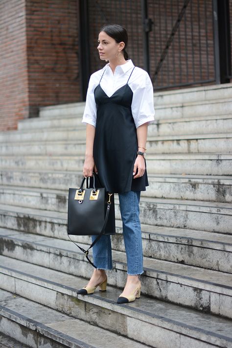 How To Style A Slip Dress, Slip Dress Layering, Slingback Chanel, Dress Over Jeans, Dress Layering, Dress Over Pants, Jeans Petite, Giovanna Battaglia, Outfits 2016