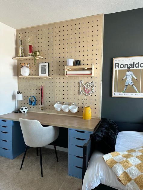 Giant pegboard, DIY IKEA Desk, Soccer bedroom for boys Soccer Bedroom For Boys, Soccer Kids Room, Diy Ikea Desk, Boys Soccer Bedroom, Giant Pegboard, Bedroom For Boys, Soccer Bedroom, Soccer Room, Kids Rooms Inspo