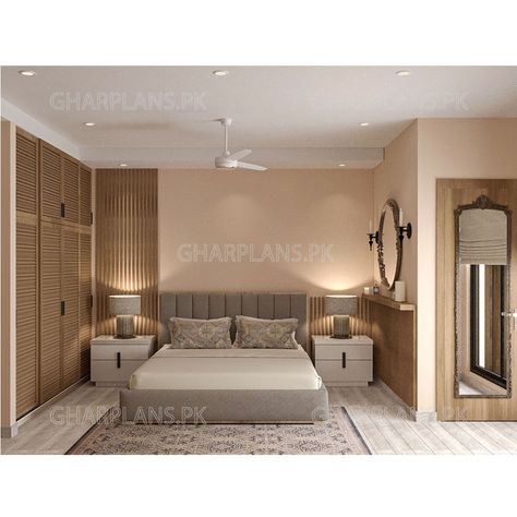 This beautiful and innovative Pakistani bedroom design has been designed with the simplicity and diversity of a single material, which is wood. The wall behind the bed is kept simple with the use of wooden flutes running vertically from floor to ceiling on one side while they are kept at the headboard level on the other side, continuing on the next wall to form the base of a shelf being used for console. An elegant mirror in bronze is hanging over the shelf. Pakistani Room Decor Bedroom, Pakistani Room, Pakistani Bedroom, Bedrooms Interior, Wooden Flute, Elegant Mirror, Elegant Mirrors, Floor To Ceiling, Media Wall