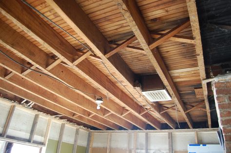 exposed lathing - Google Search Exposed Ceiling Joists, Soundproof Basement Ceiling, Joist Ceiling, Basement Ceiling Insulation, Basement Ceiling Ideas Cheap, Ceiling Alternatives, Exposed Basement Ceiling, Ceiling Tiles Basement, Basement Ceiling Options