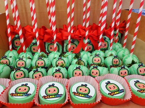 Coco Melon Strawberries, Cocomelon Strawberries, Cocomelon Rice Krispie Treats, Cocomelon Desserts, Coco Melon Treats, Cocomelon Treats, Custom Treats, Coco Melon, Themed Treats