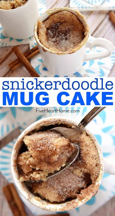 Snickerdoodle Mug Cake ~ bakes up in the microwave in just one minute, yielding a warm, cinnamon-sugary treat that will satisfy any sweet tooth! | FiveHeartHome.com #mugcake #snickerdoodle #snickerdoodlemugcake Cup A Cake Microwave, Snickerdoodle In A Mug Recipe, Keto Mug Cake No Egg, Cup In A Mug Microwave Cake, Mug Cakes No Egg, Mug Desserts No Egg, Snickerdoodle Mug Cookie, Good Mug Cake Recipe, No Egg Mug Cake Microwave