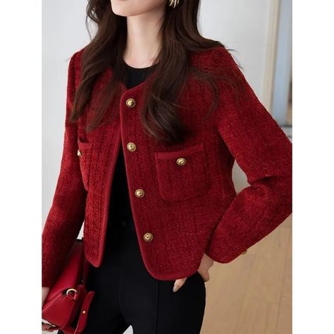 105+ Wine Red Jacket, Red Tweed Jacket, Blazer E Short, Burgundy Coat, Red Jackets, Jackets Vintage, Womens Tweed Jacket, Outer Women, Tweed Coat