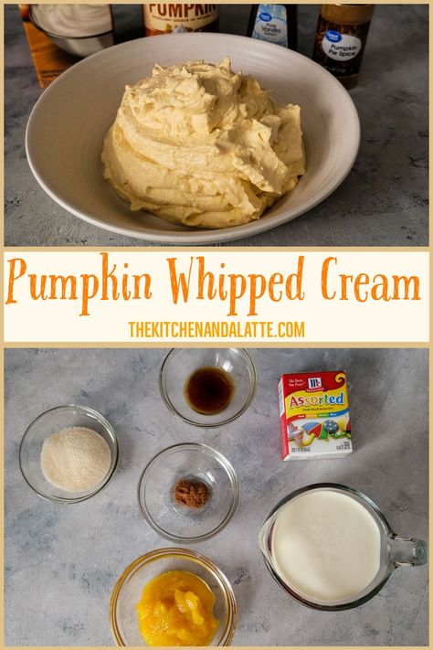 Pumpkin whipped cream is an easy recipe and is an amazing fall dessert topping. It is the perfect combination of classic whipped cream along with pumpkin and pumpkin pie spice. It goes great on many desserts and even tastes great on top of your coffee! #fallrecipes #pumpkinrecipes #pumpkinwhippedcream #whippedcream Pumpkin Cream Filling, Homemade Pumpkin Whipped Cream, Pumpkin Spice Whipped Cream, Pumpkin Whipped Cream, Whipping Cream Recipe, Whipped Icing Recipes, Cream Filling Recipe, Whipped Pumpkin, Spiced Whipped Cream