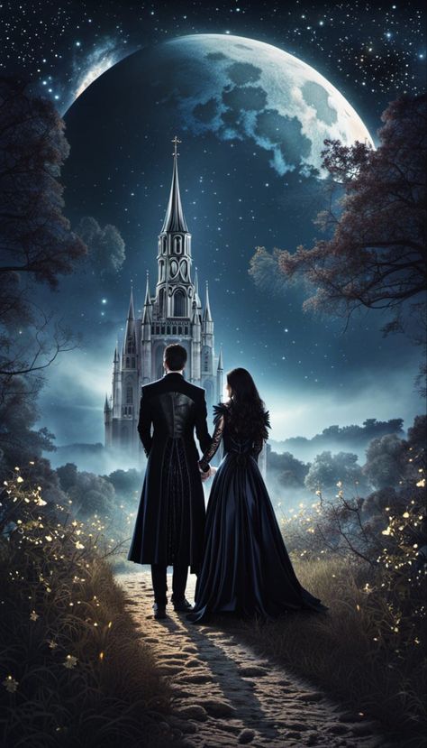 A gothic couple holding hands looking at a giant fantasy moon and a haunted castle Fantasy Lovers Art, Couples Fantasy Art, Dark Fantasy Romance Art, Fantasy Lockscreen, Dark Romance Aesthetic Couple, Fantasy Couple Aesthetic, Fantasy Lovers Couple, Dark Fantasy Couple, Fantasy Couple Art