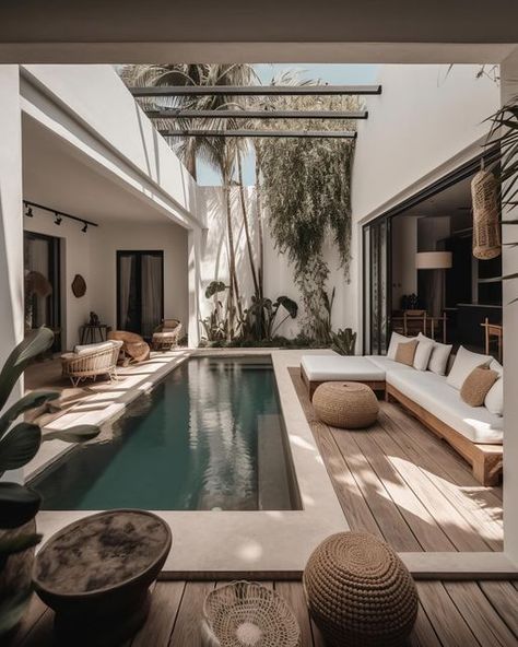 IDLN | Home & Commercial Interior Design on Instagram: "Bohemian interior for a Balinese villa✨ We love a coastal bohemian home! Want your space designed? Let us help! More info on our website, link in bio! #interiordesign #interior" Balinese Roof Design, Balinese Pool Area Bali Style, Flat Villa Design, Villa Roof Design, Bali Courtyard, Bali Interior Design Inspiration, Balinese House Design, Bali House Design Villas, Modern Balinese Interior