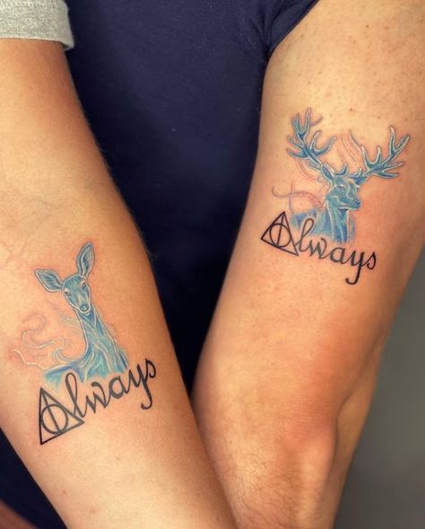 Hp Always Tattoo, Harry Potter Deer Tattoo, Harry Potter Tattoos Couple, Harry Potter Couples Tattoos, Best Friend Tattoos Harry Potter, Couple Tattoos Harry Potter, After All This Time Tattoo, Harry Potter Matching Tattoos, Harry Potter Couple Tattoos