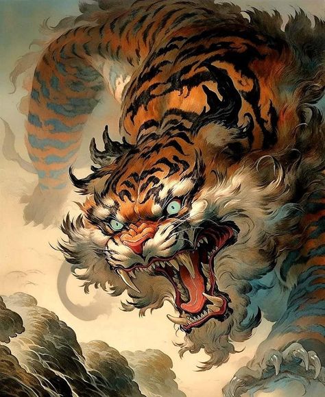 Tiger Demon Art, Tiger Digital Art, Asian Tigers, Japanese Tiger, Tiger Artwork, Tiger Tattoo Design, Tiger Drawing, Tiger Illustration, Samurai Artwork