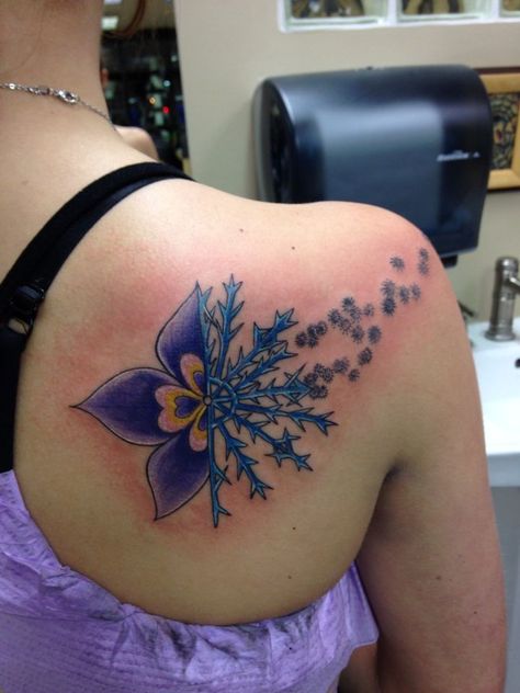 My first tattoo :) half of the Columbine flower and half of a ... Snowflake And Flower Tattoo, Snowflake Flower Tattoo, Colorado Tattoo Ideas, Winter Tattoo Ideas, Columbine Tattoo, Columbine Flower Tattoo, Colorado Tattoos, Tattoo Hummingbird, Snowflake Tattoo