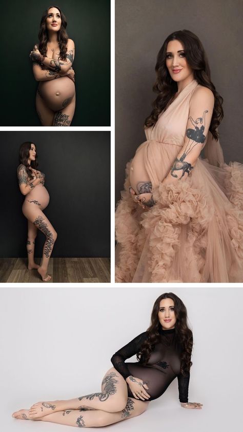 maternity portraits of pregnant woman with tattoos Maternity Photography Alternative, Nude Pregnancy Shoot, Edgy Maternity Shoot, Maternity Boudiour Photoshoot, Classy Maternity Shoot, Lace Maternity Gown, Studio Maternity Photos, Intimate Maternity, Black Lace Gown