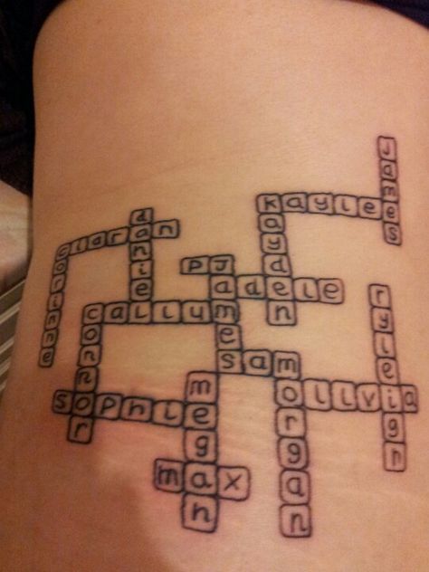 Crossword tattoo with names of my kids and nieces and nephews Crossword Puzzle Tattoo, Crossword Tattoo, Whole Arm Tattoo, Aunt Tattoo, Puzzle Tattoo, Niece Tattoo, Puzzle Tattoos, Christian Sleeve Tattoo, Heart Temporary Tattoos