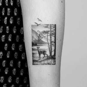 Tattoo uploaded by Claire | By #amanda_piejak #landscape #dotwork #mountains #forest #boat #scenery | 464611 | Tattoodo Scenery Tattoo, Meaningful Symbol Tattoos, Herren Hand Tattoos, Browning Tattoo, Hunter Tattoo, Mother Nature Tattoos, Framed Tattoo, Deer Tattoo, Landscape Tattoo