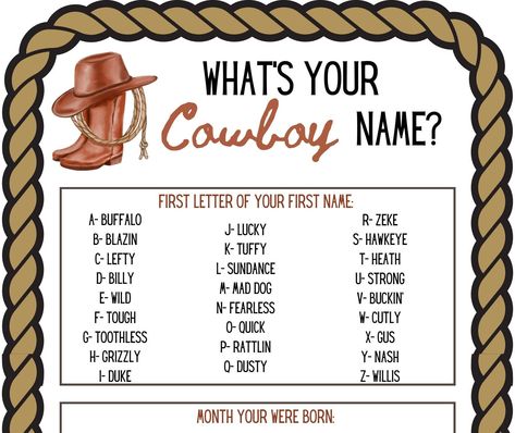 What's Your Cowboy Name? Mine is Hawkeye Blackwood-see what yours is. This is a printable item. No physical item will be sent.  For personal use only. You may not share, copy, or sell any of my items. Feel free to contact me with any questions. Thank you for supporting my small business! Old Western Names, Cowboy Names, Sports Joke, Western Names, Sms Language, Good Morning Funny Pictures, Truth And Dare, Classroom Projects, Good Morning Funny