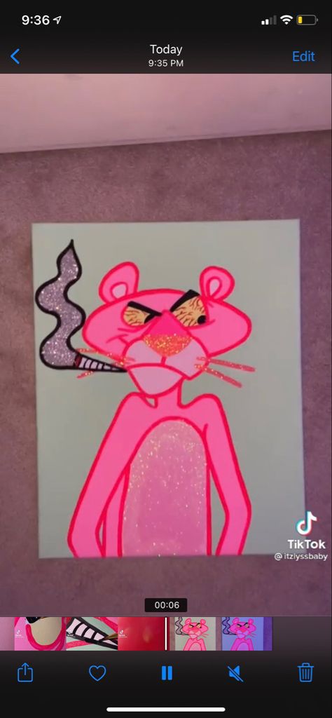 How To Draw Pink Panther, Pink Panther Painting Canvas, Pink Panter Drawings, Pink Panther Painting, Panther Acrylic Painting, Pink Panther Illustration, Led Light Painting, Painting Cartoon, Pink Panther