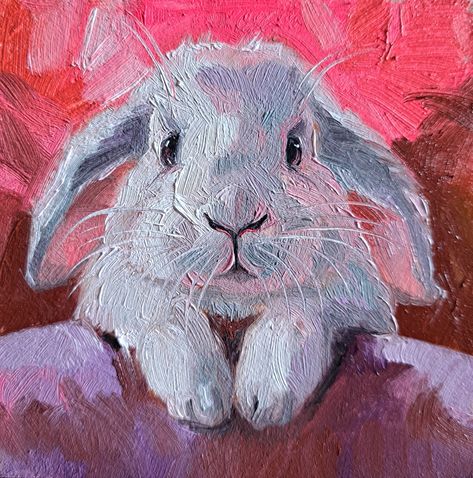 A white rabbit oil painting is miniature artwork in a blue, green, brown, gold, silvergold frame.  This is a rabbit painting original. It is signed in the back side and lower hand corner. The small painting of rabbit from the contemporary animal collection 2023.  ✅ TITLE: Thank you for always being my greatest supporter. ✅ MEDIUM: Oil on hard thick panel. ✅ SIZE: 10 x 10 cm / 4 x 4 inch. ✅ YEAR: 2023. ORIGINAL PAINTING in FRAME. READY to SHIP. READY to HANG. Rabbit Painting Abstract, Paintings Of Bunnies, Cute Rabbit Painting, Paintings Of Rabbits, Rabbit Painting Acrylic, 2023 Title, Painting Bunny, Animated Bunny, Rabbit Artwork