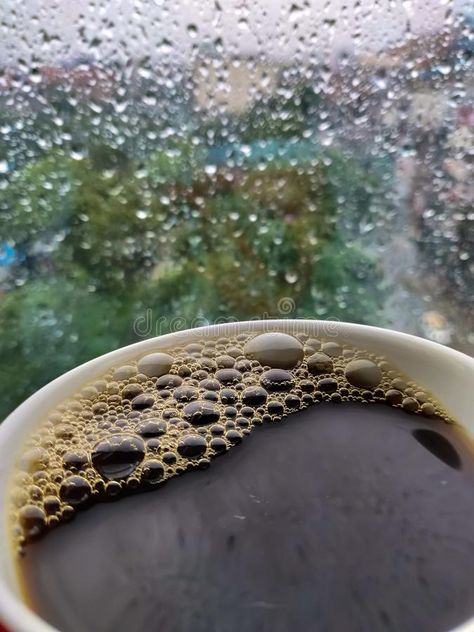 Photo about Black coffee and the rain drops on the glass of the window. Image of glass, drop, drops - 126651649 Coffee And Rain Photography, Coffee And Rain Aesthetic, Rain And Coffee Rainy Days, Coffee Rain Aesthetic, Coffee In Rain, Black Coffee Photography, Coffee In The Rain, Black Coffee Aesthetic, Rainy Coffee