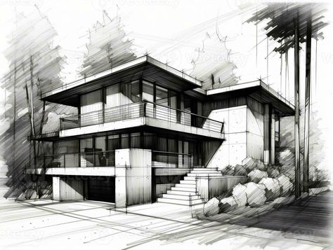 Modern house sketch illustration generative ai Modern House Sketch, House Sketch, Tree Saw, Sketch Illustration, Cityscape Photos, Nature Backgrounds, Free Vectors, Marketing Design, Custom Illustration