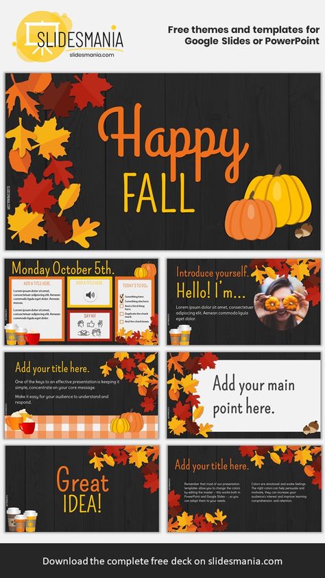 Celebrate Fall with this template! I don’t know about you, but for me, Fall is the perfect season… coffee, a blanket and a great book make a perfect autumn afternoon. This template includes: red, yellow and orange leaves, pumpkin spice lattes, coffee and pumpkins. It has a wooden pattern as background. I’ve also included a morning meeting layout to use this fall season. Fall Google Slides Templates, Agenda Slide, Teaching Orchestra, Teacher Websites, Autumn Afternoon, Color Leaves, Slide Background, Powerpoint Slides, Orange Leaves