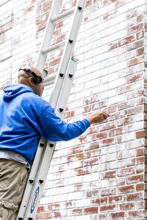 Limewashed Brick Exterior, Grey Brick House Exterior, Limewashed Brick, Brick Exterior Makeover, Grey Brick Houses, Brick House Exterior Makeover, Lime Wash Brick, German Smear, Painted Brick House