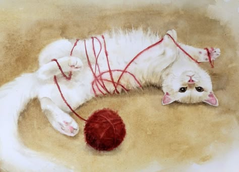 Cat Playing With Ball, Cat Playing With Yarn, Yarn Tattoo, Movement Of Animals, Cute Sketch, Painting Fur, Illusion Drawings, Ball Drawing, Kitty Girl