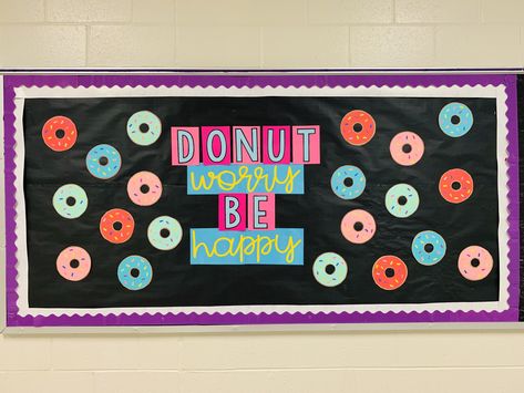 DONUT worry be happy- bulletin board   #bulletinboards #bulletinboardideas #bulletin # Happy Bulletin Board Ideas, Donut Theme Classroom Decor, Donut Classroom Door, Donut Bulletin Board Ideas, Donut Bulletin Board, Infant Bulletin Board, Donut Classroom, Classroom Windows, Candy Theme Classroom