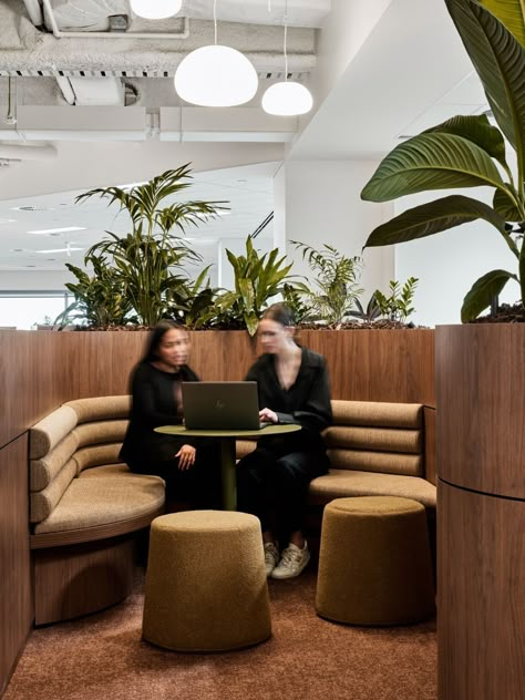 Melbourne Headquarters - JLL | IndesignLive Office Collaboration Space, Coworking Space Design, Collaboration Area, Office Waiting Rooms, Booth Seating, Office Lounge, Collaboration Space, Banquette Seating, Space Interiors