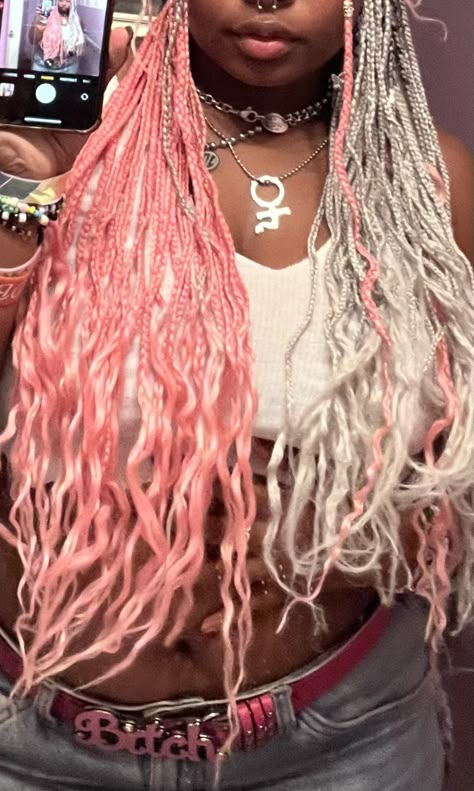 Pink And White Box Braids, Pink Jade Braids, Split Dyed Braids, Blond And Pink Braids, Pink And White Braids, Split Dye Braids, Pink And Green Braids, Pink Boho Braids, Pink Braided Hairstyles