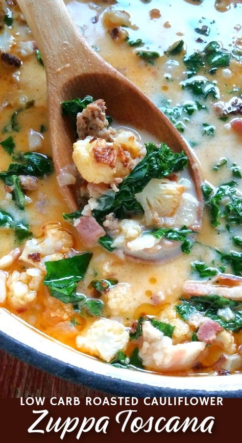 A copycat recipe for Olive Garden's Zuppa Toscana soup made low carb with roasted cauliflower instead of potatoes for maximum flavor and incredible texture! Zupa Toscana, Zuppa Tuscana Soup, Cauliflower Keto, Zuppa Soup, Olive Garden Zuppa Toscana, Zuppa Toscana Soup, Tuscan Soup, Toscana Soup, Roasted Cauliflower Soup