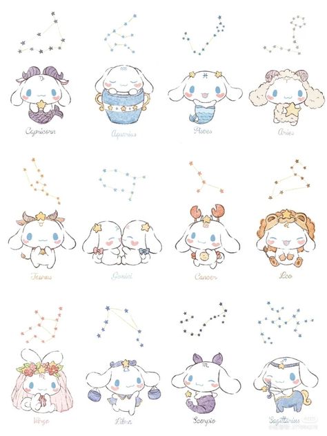 Zodiac Sign Characters, Sanrio Zodiac Signs, Drawing Ideas Zodiac Signs, Zodiac Sign Aesthetics, Sanrio Zodiac, Zodiac Signs Drawings, Cinnamoroll Tattoo, Cute Zodiac Signs, Zodiac Cartoon