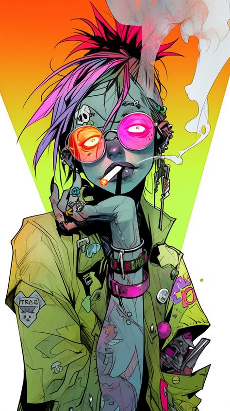 Funky Art Inspiration, Cyberpunk Art Style, Neon Art Drawings, Punk Art Style, Cyberpunk Graphic, Punk Cartoon, Arte Punk, Fashion Drawing Sketches, Punk Art