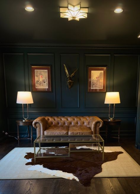 Home Office Decor Masculine, Home Office For Men Masculine, Masculine Sitting Area, Masculine Bourbon Room, Men’s Office Lighting, Moody Office Wainscoting, Moody Mens Home Office, Masculine Den Study, Men’s Sitting Room