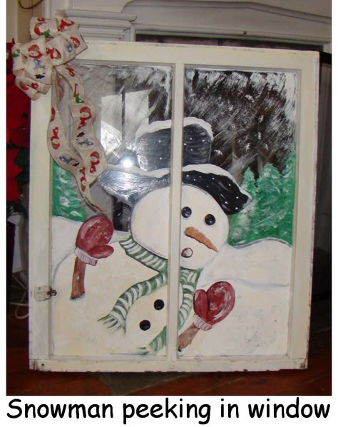 old window ~ have seen a lot of snowmen painted on windows, but this one peeking in is too cute! Old Window Art, Old Window Crafts, Christmas Window Painting, Window Crafts, Window Projects, Snowman Painting, Old Windows, Christmas Window, Window Art