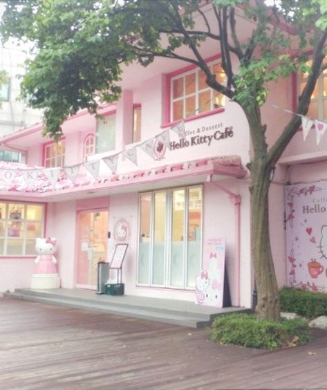 Sanrio Cafe, Bloxburg Exterior, Feminine Theme, Dorm Design, Kitty Cafe, Building Photography, Soft Pink Theme, Graphic Design Infographic, Coffee Shop Aesthetic