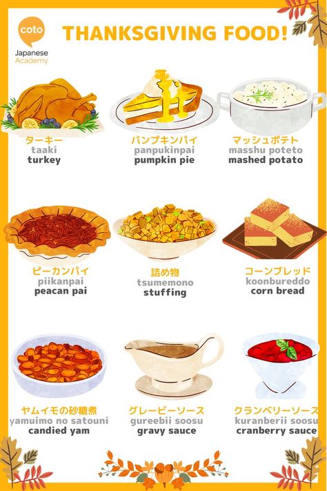 Japanese Thanksgiving, Food In Japanese, Learn Basic Japanese, Pie And Mash, Japanese Vocabulary, Japanese Holidays, Materi Bahasa Jepang, Basic Japanese Words, Japanese Language Lessons