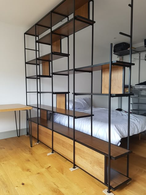 Open shelving / room divide London - Exploit Space Room Seperator, Room Divider Shelving, Bookshelf Room Divider, Room Divider Shelves, Industrial Room, Room Divider Bookcase, Modern Room Divider, Living Room Divider, Diy Room Divider