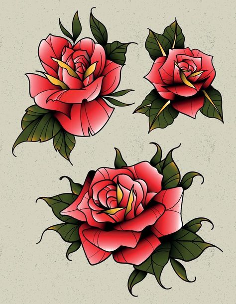 pack of old school roses Neo Traditional Roses, Old School Rose, Old School Traditional, Red Tattoo Ideas, Red Ink Tattoo, Traditional Tattoo Old School, Rose Outline, Rose Drawing Tattoo, Traditional Rose