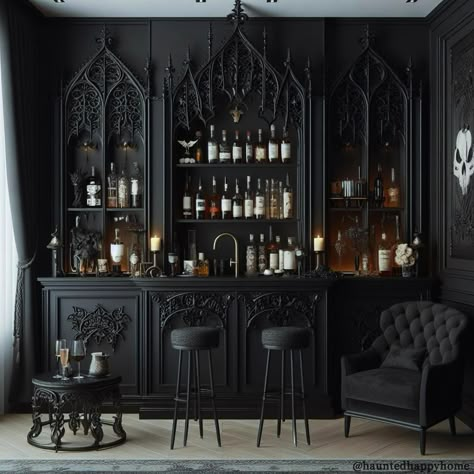 All Posts • Instagram Goth Victorian House Interior Design, Neo Gothic Interior Design, Oddity Wall, Goth Bar, Dark House Aesthetic, Gothic Dining Room, Back Bar Design, Goth Interior, Gothic Bar