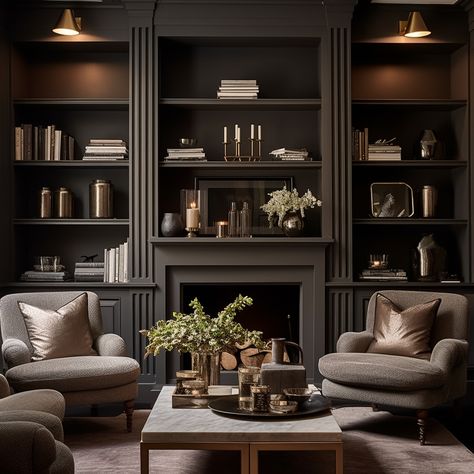 Dark hues and strategic lighting converge to create an atmosphere of quiet sophistication. #luxuryinteriors #homedecor #sittingroom #velazquezmcdonnellinteriors Dark Light Living Room, Dark Modern Library, Lighting A Dark Room, Dark Sitting Room Ideas, Dark Sitting Room, Dark Moody Interior Design, Fireplace Panelling, Bookshelf Light, Moody Interior Design